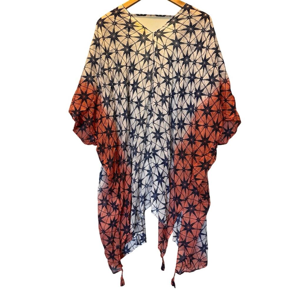 Roberta Roller Rabbit Women Blue Geometric Cotton Sheer Poncho Cover Up One Size